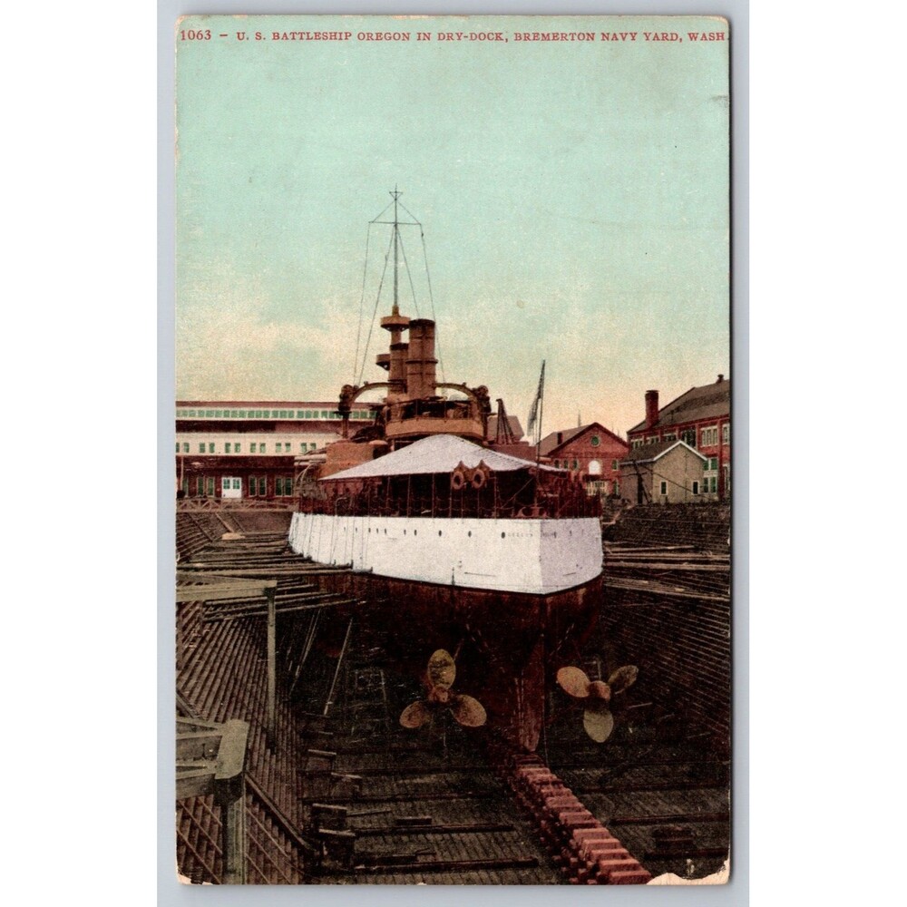 Vtg Postcard 1063 US Battleship Oregon in Dry Dock Bremerton Navy Yard Mitchell